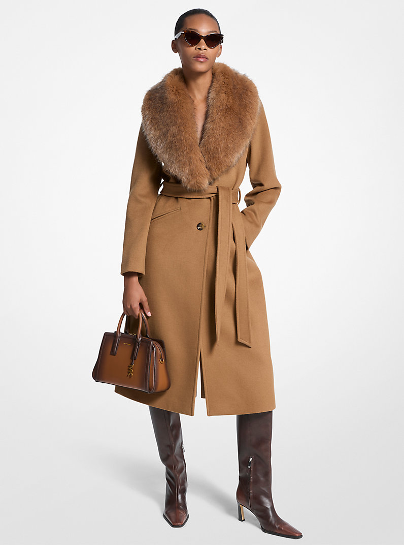 Faux Fur Trim Wool Blend Coat in DARK CAMEL - Sale | Michael Kors [US]
