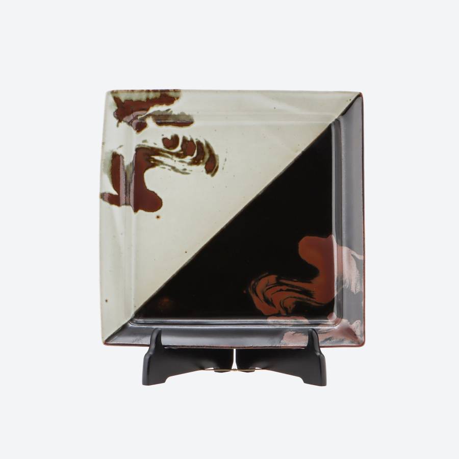 佐久間藤太郎窯＞益子焼 佐久間藤也作 掛分柿流角皿9寸皿立て付 | 栃木