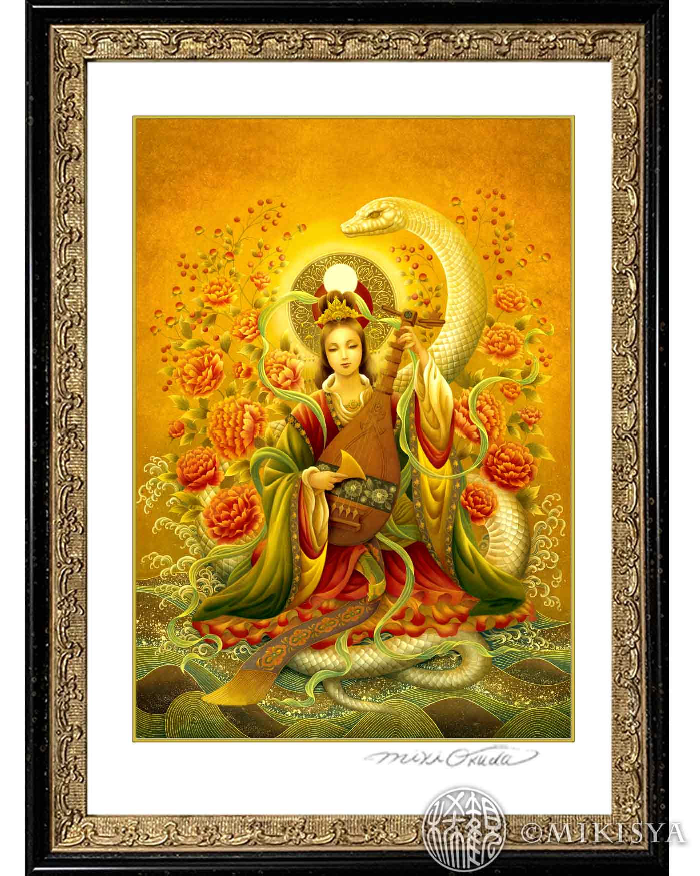 豊かさと芸術を司る女神・弁才天と白蛇の仏画ジクレー版画｜七福神の