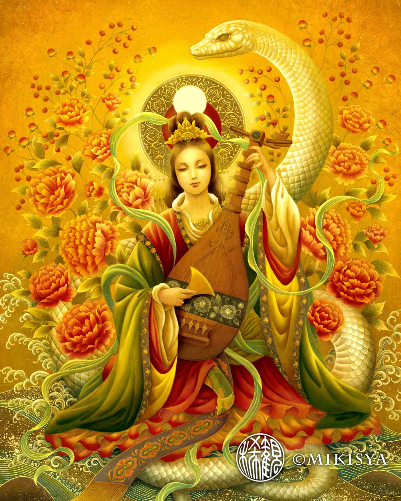 豊かさと芸術を司る女神・弁才天と白蛇の仏画ジクレー版画｜七福神の