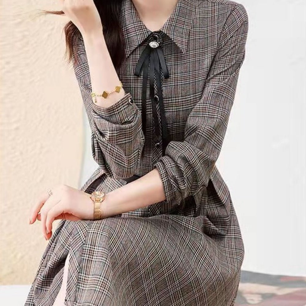 リボン付きチェック柄ひざ丈ワンピース｜オフィスカジュアル