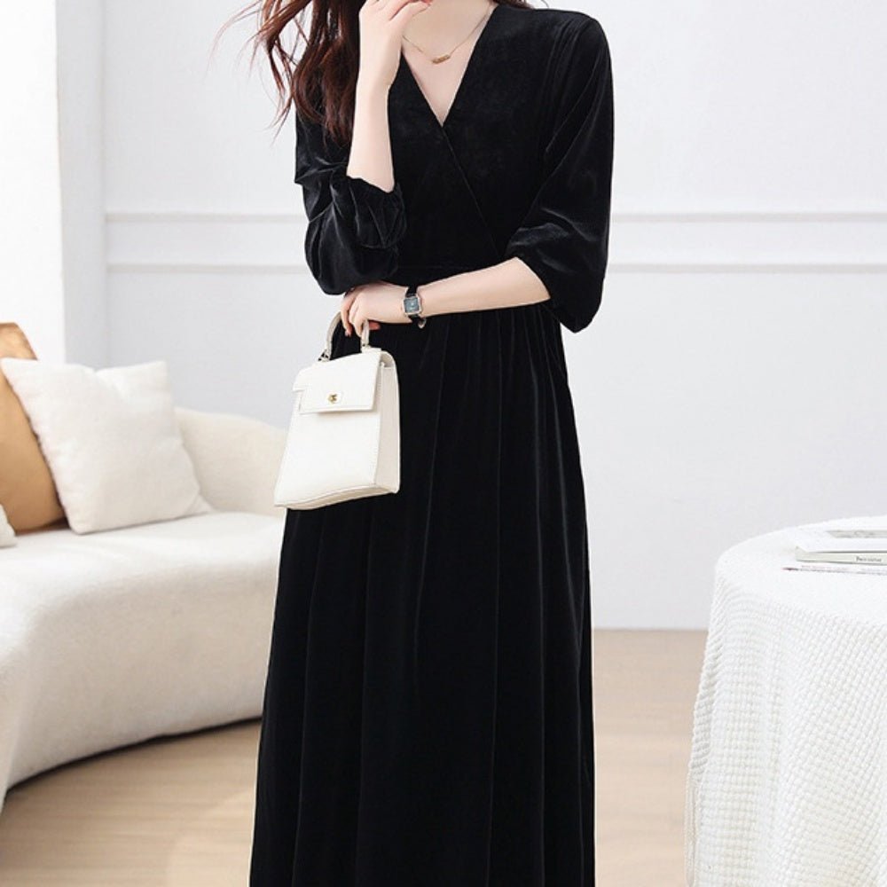 Vネックベロアワンピース｜オフィスカジュアル レディース 通販