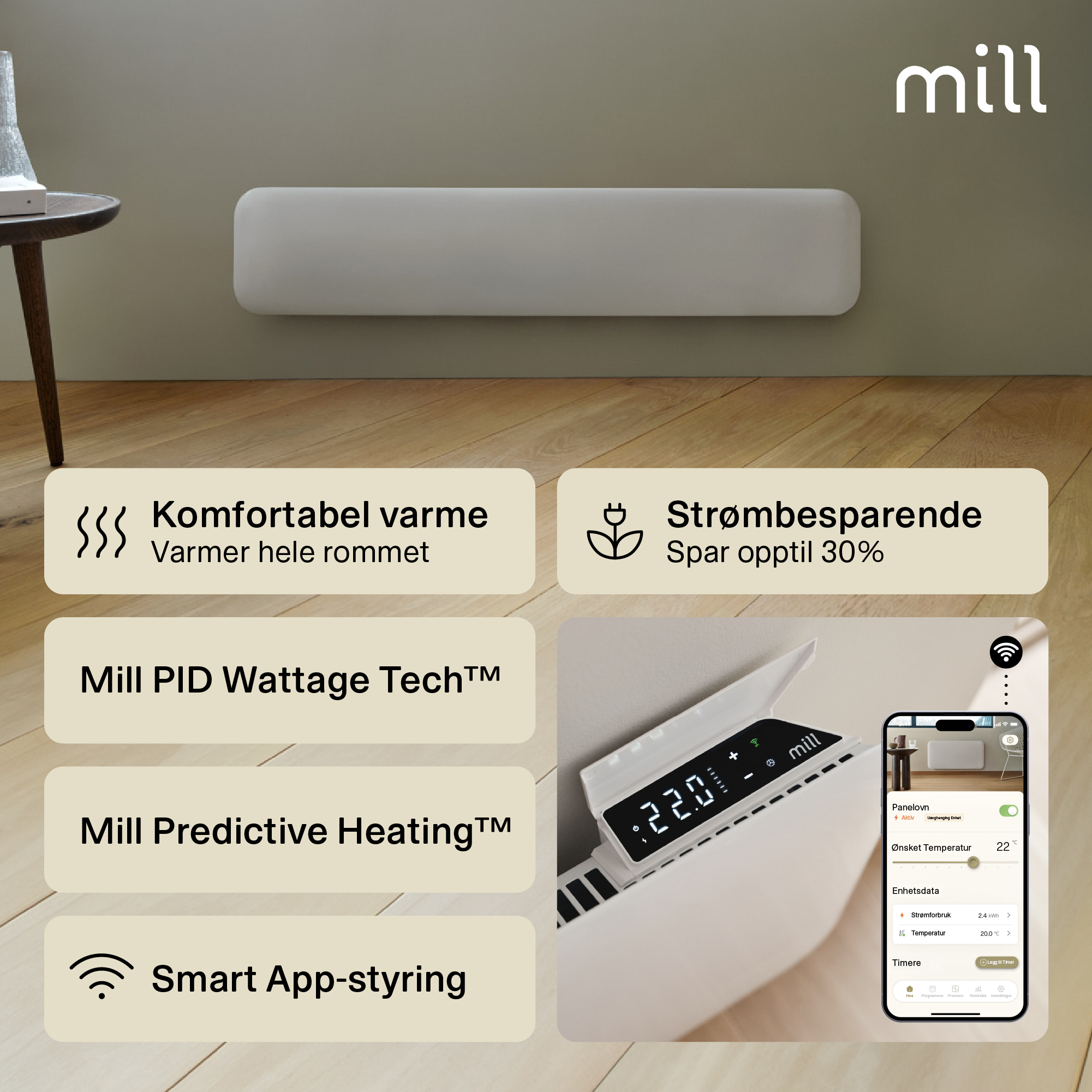 Mill Invisible Smart WiFi Panel Heater 1000W low model Gen. 4 - Mill