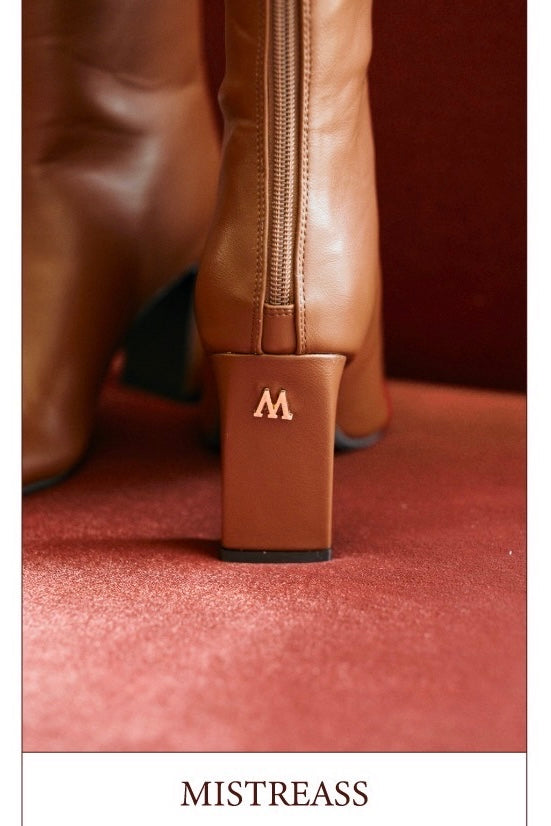 Logo Accent Square Toe Long Boots - MISTREASS