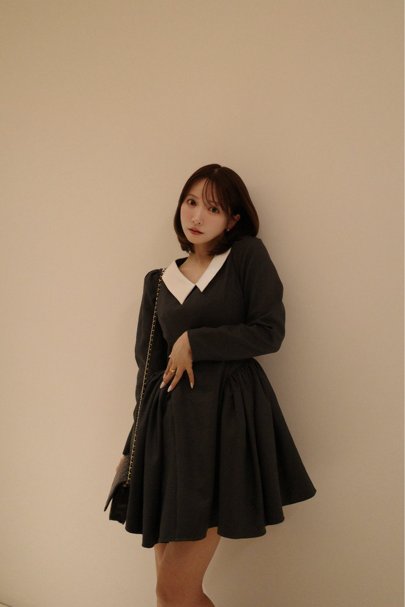 Side Volume Contrast Collar Dress - MISTREASS