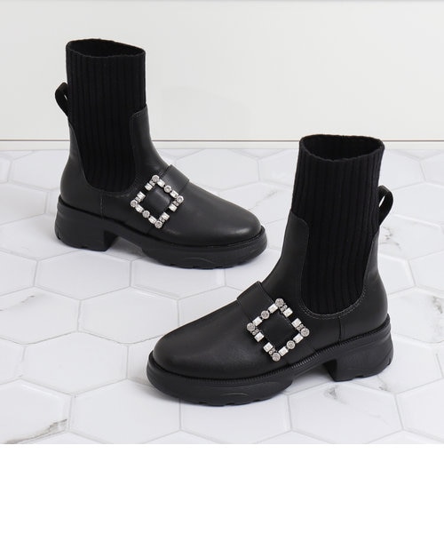 ビジューバックルリブニットショートブーツ｜アルテミスバイダイアナの