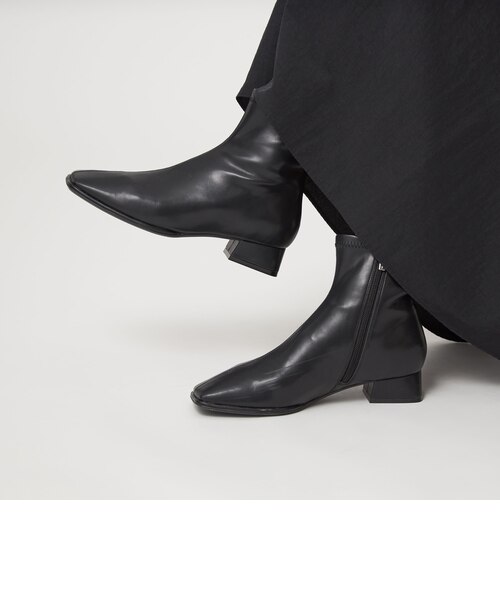 スクエアストレッチ ショートブーツ（3cmヒール）撥水｜グリーン