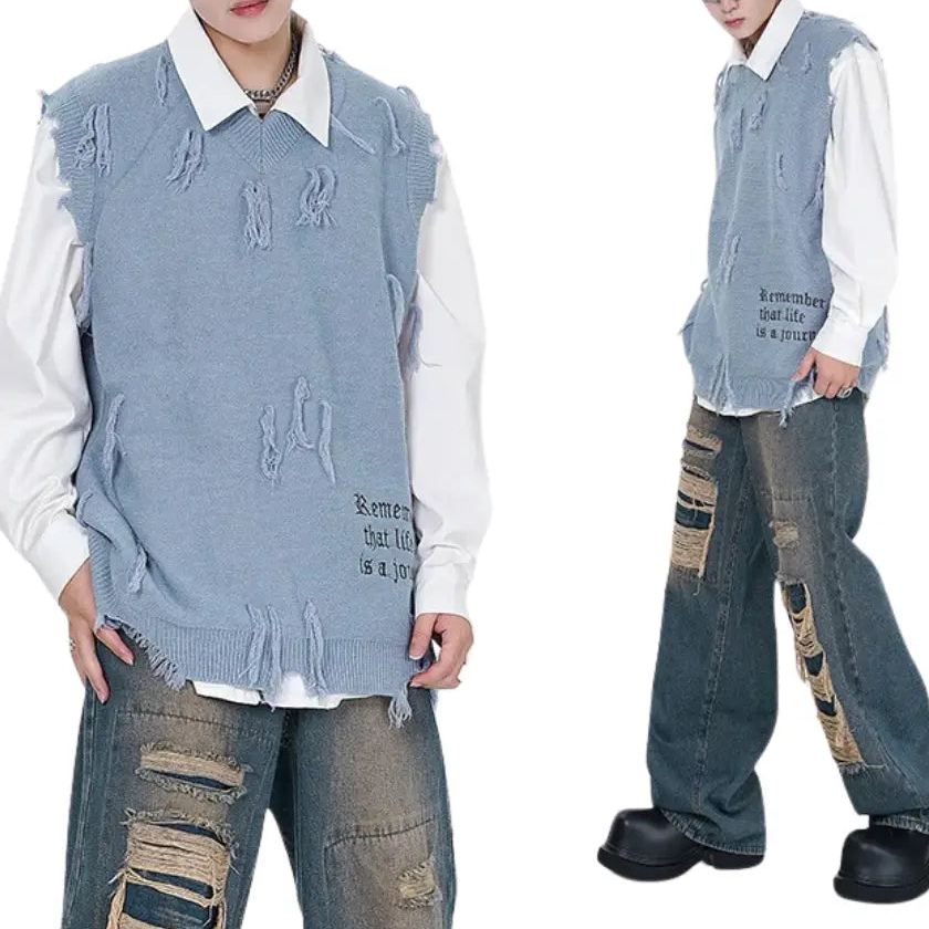 DISTRESSED OVERSIZED KNIT VEST-ディストレスト オーバーサイズユニ