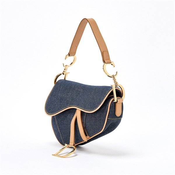 Christian Dior サドル ショルダーバッグ ブルー ベージュ ゴールド