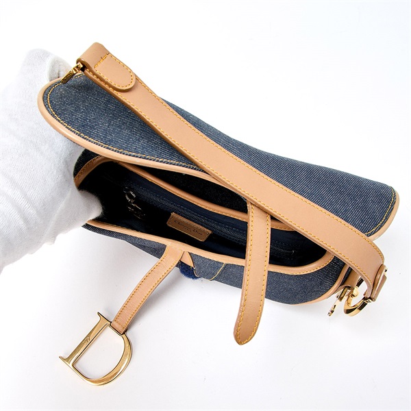 Christian Dior サドル ショルダーバッグ ブルー ベージュ ゴールド