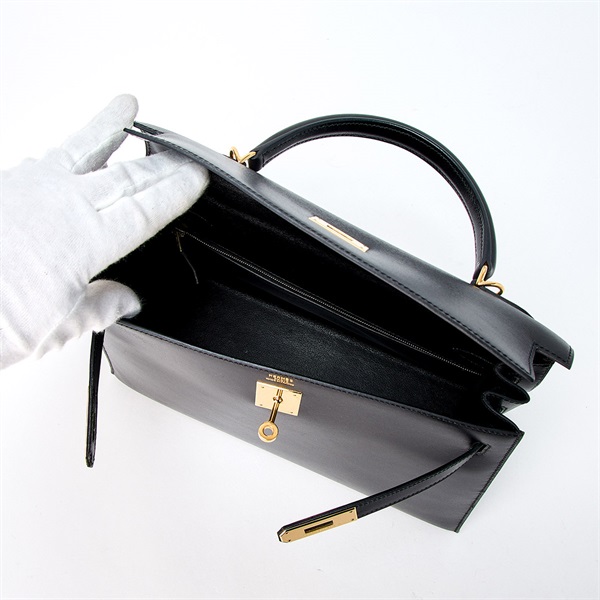 HERMES ケリー 32 □E ハンドバッグ ブラック ゴールド ボックスカーフ