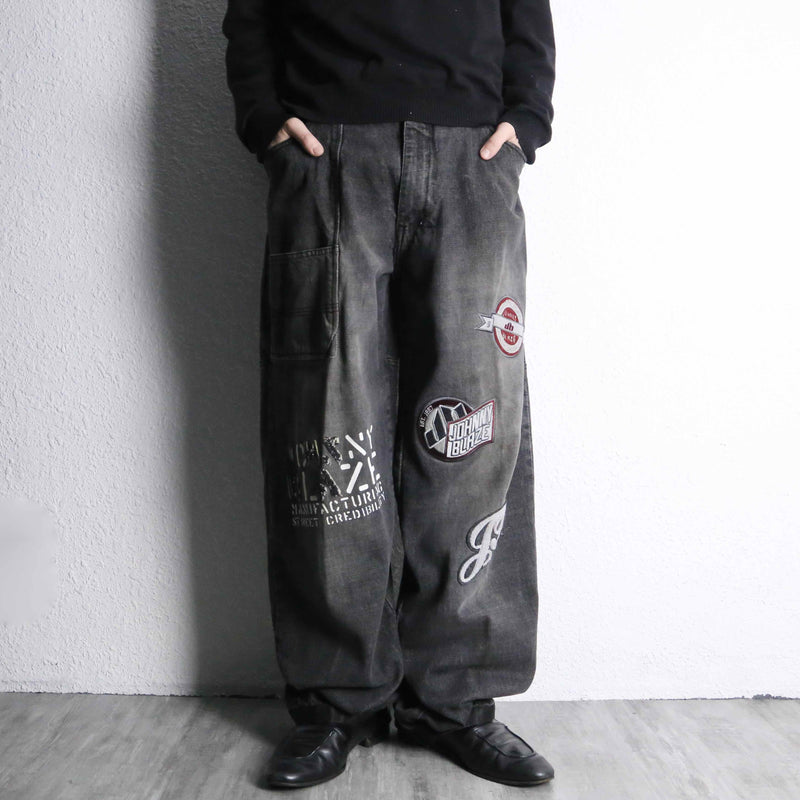 fade black multi design baggy denim pants
