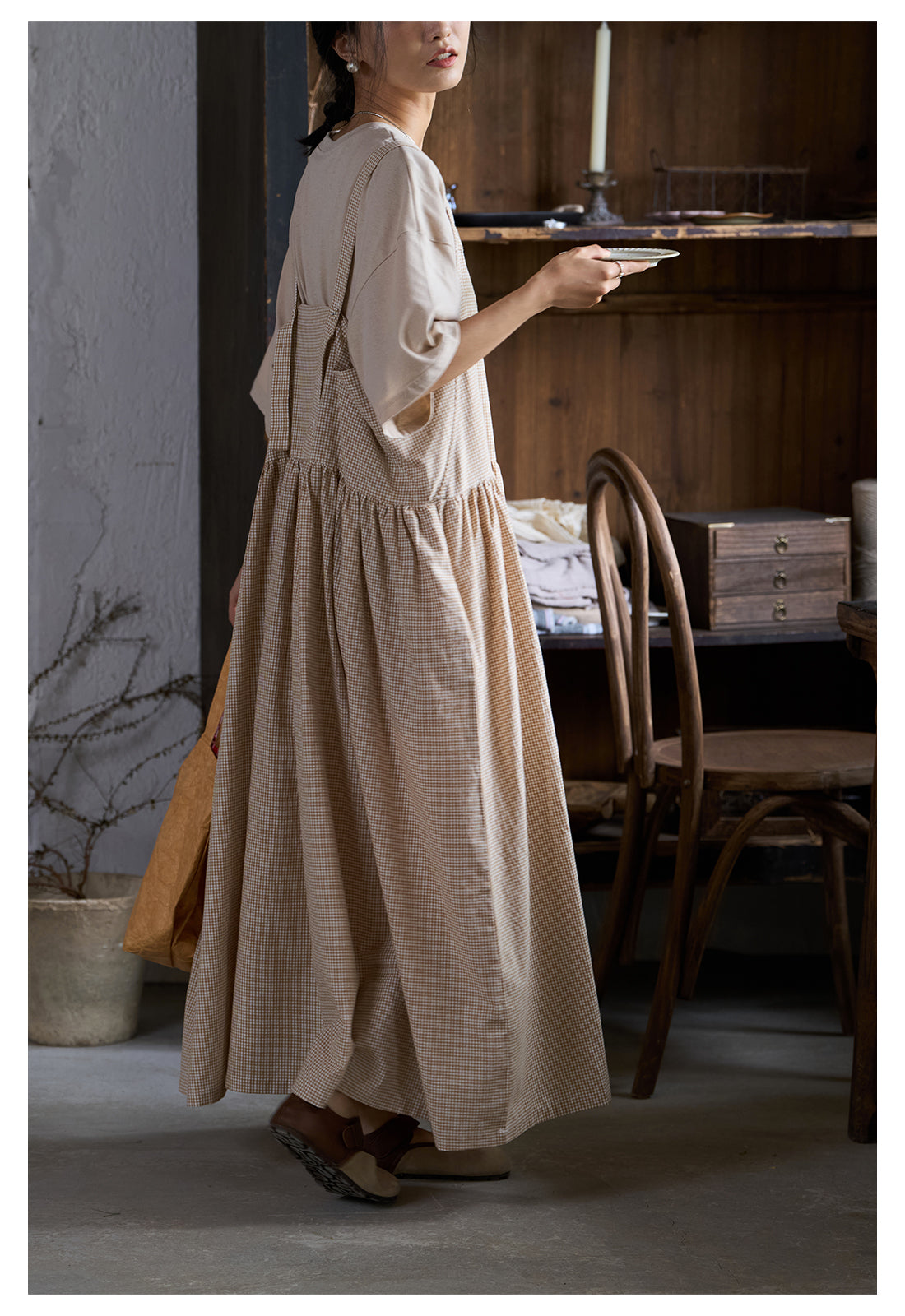 2色展開◇ギンガムチェック ロングエプロン ワンピースドレス