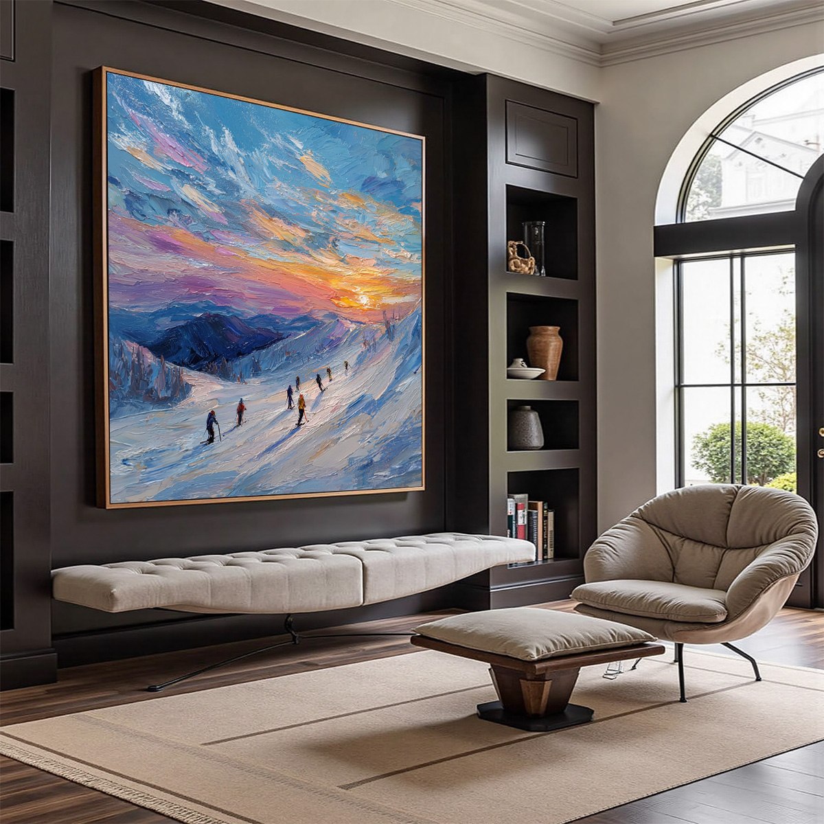 Alpine Glow: Textured Skiing Mountain Landscape Oil Painting