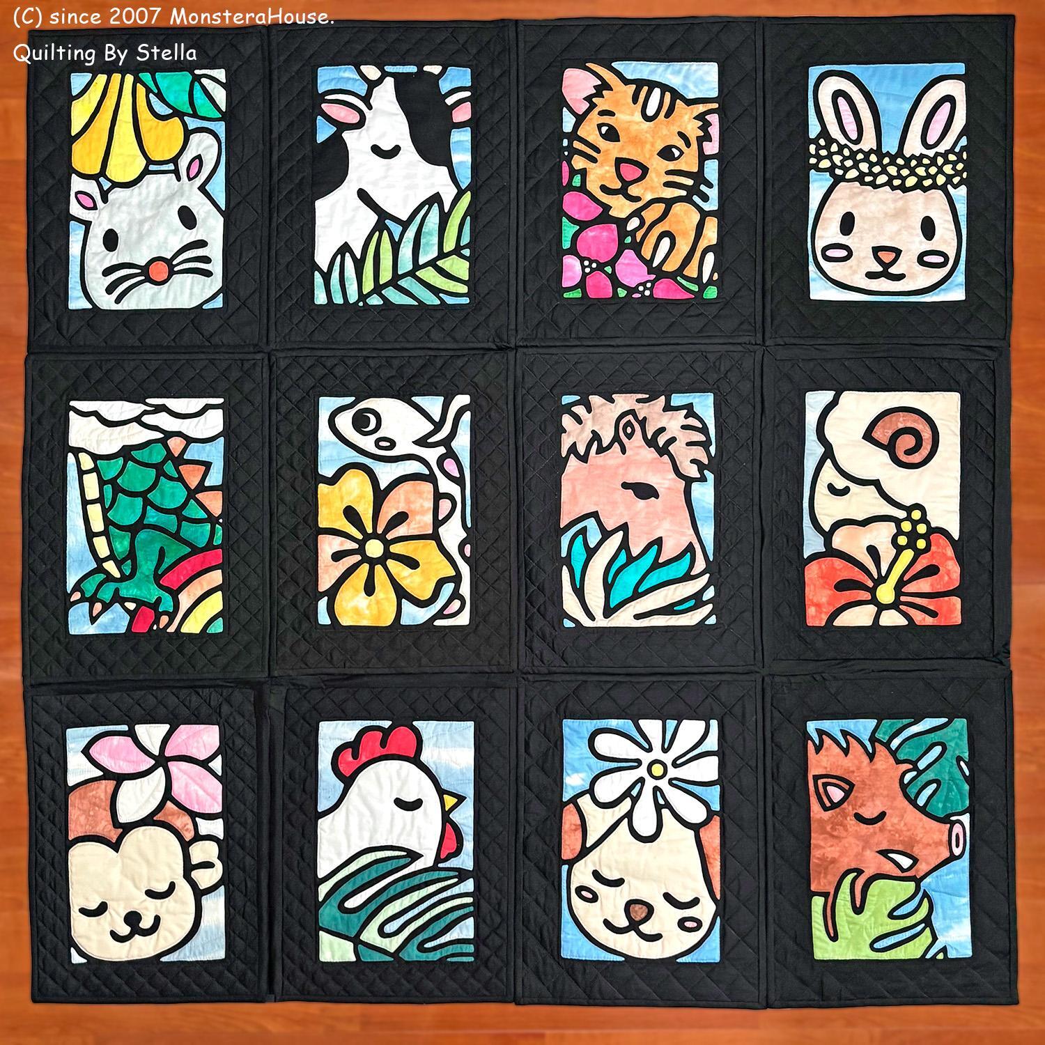 干支キルト：ひつじとハイビスカス ステンドグラスキルトタペストリー