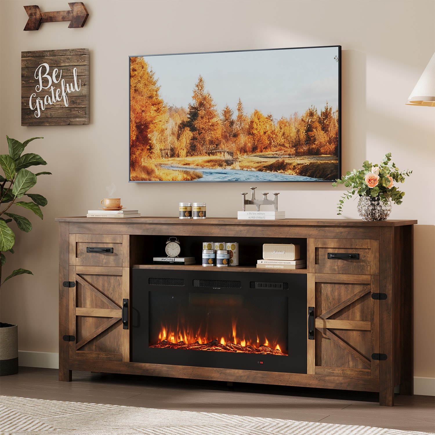 AOXUN 59-in W Gray TV Stand with LED Flat Wall Electric Fireplace