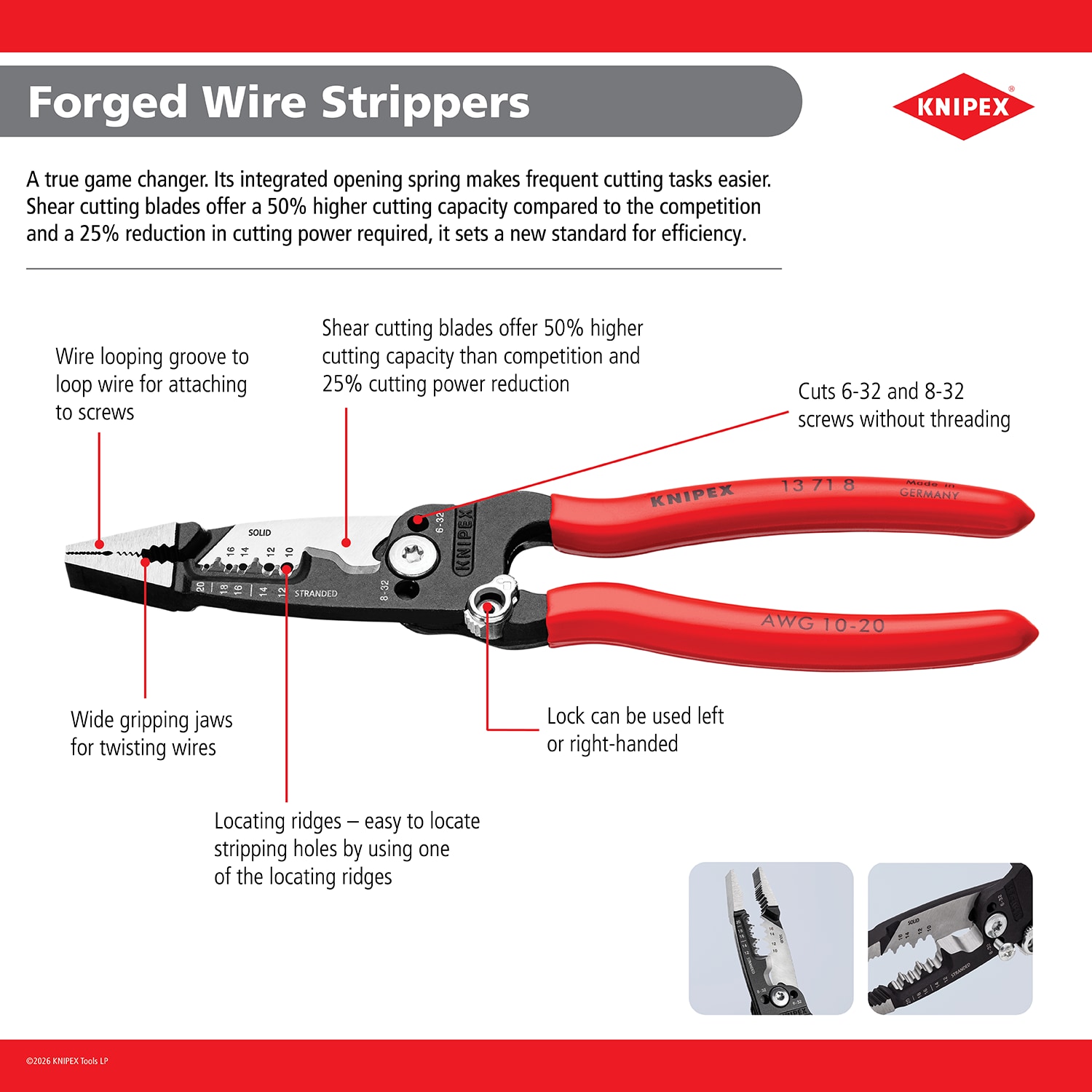 KNIPEX Wire Strippers, 10-20 Awg Solid, 10-20 Awg Stranded 13 72 8