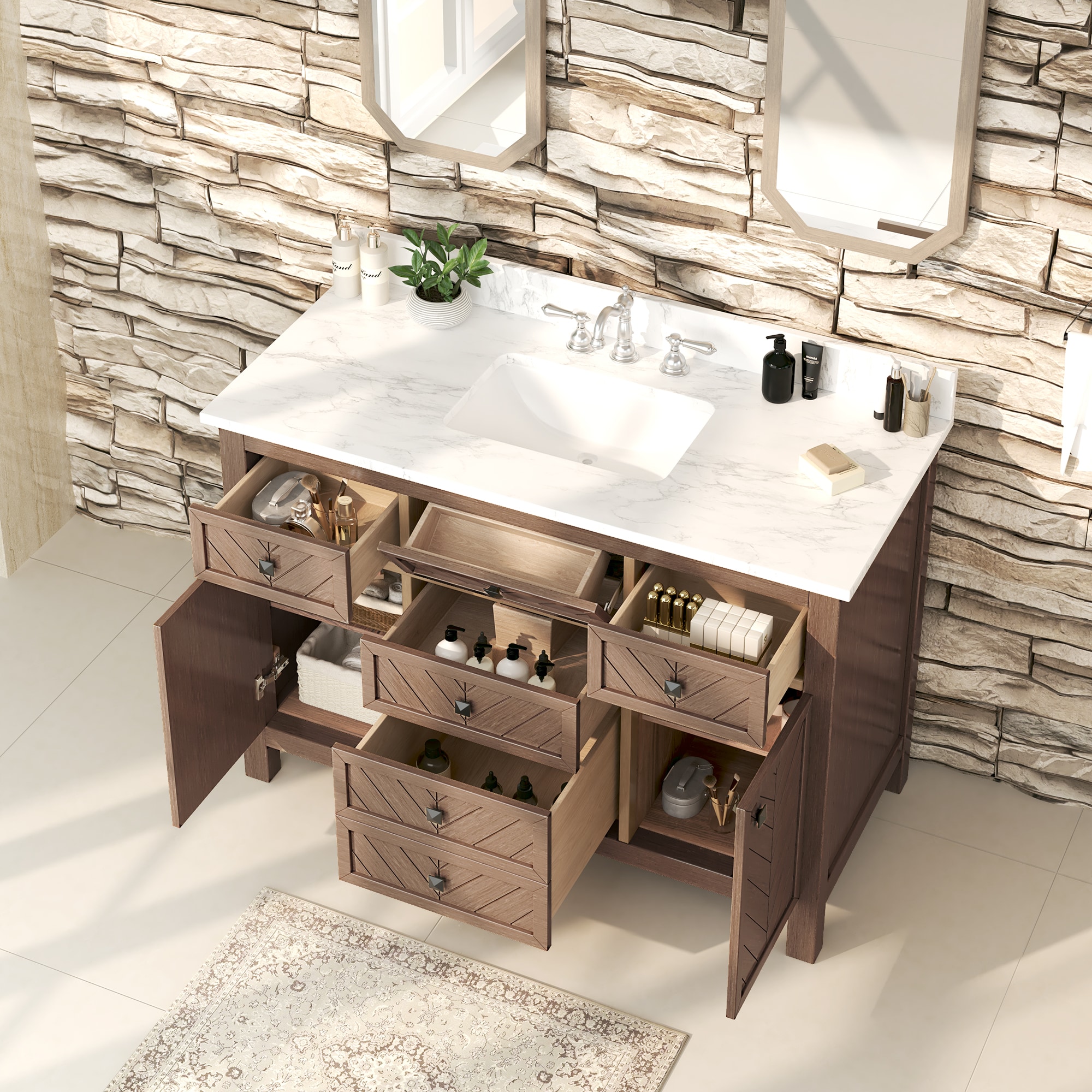 VOUA Bathroom Vanity with Top 48-in Deep Wood Grain Single Sink