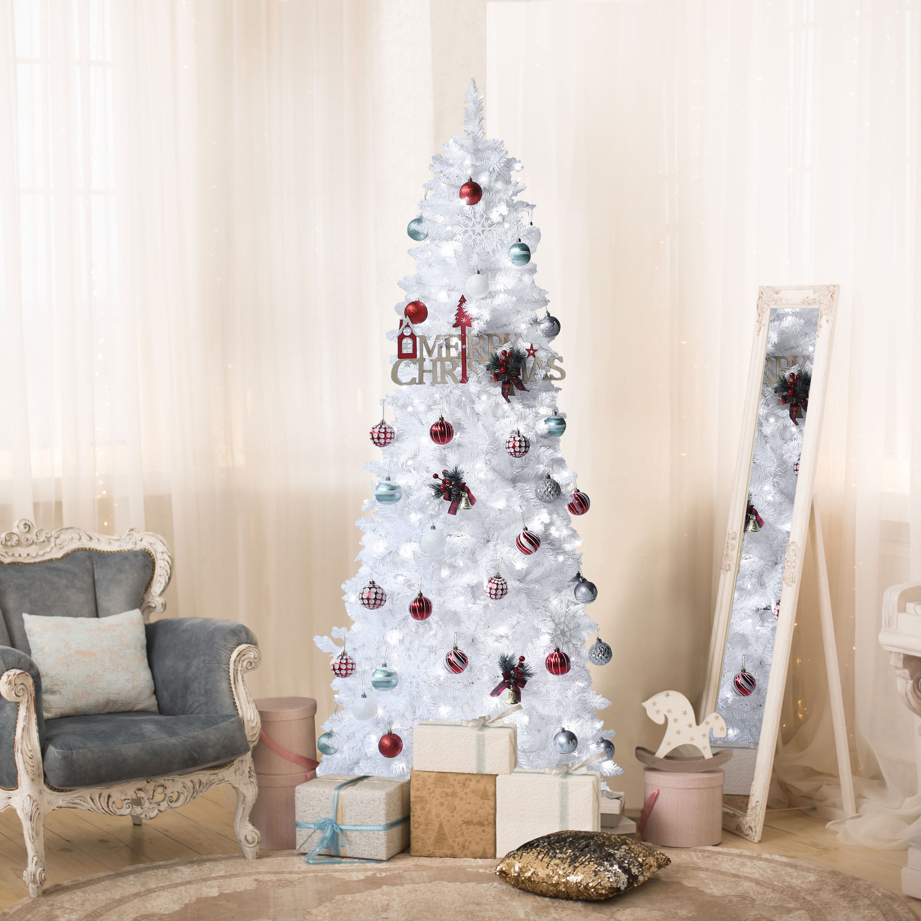 VEIKOUS 7.5-ft Pine Pre-lit Pencil White Artificial Christmas Tree