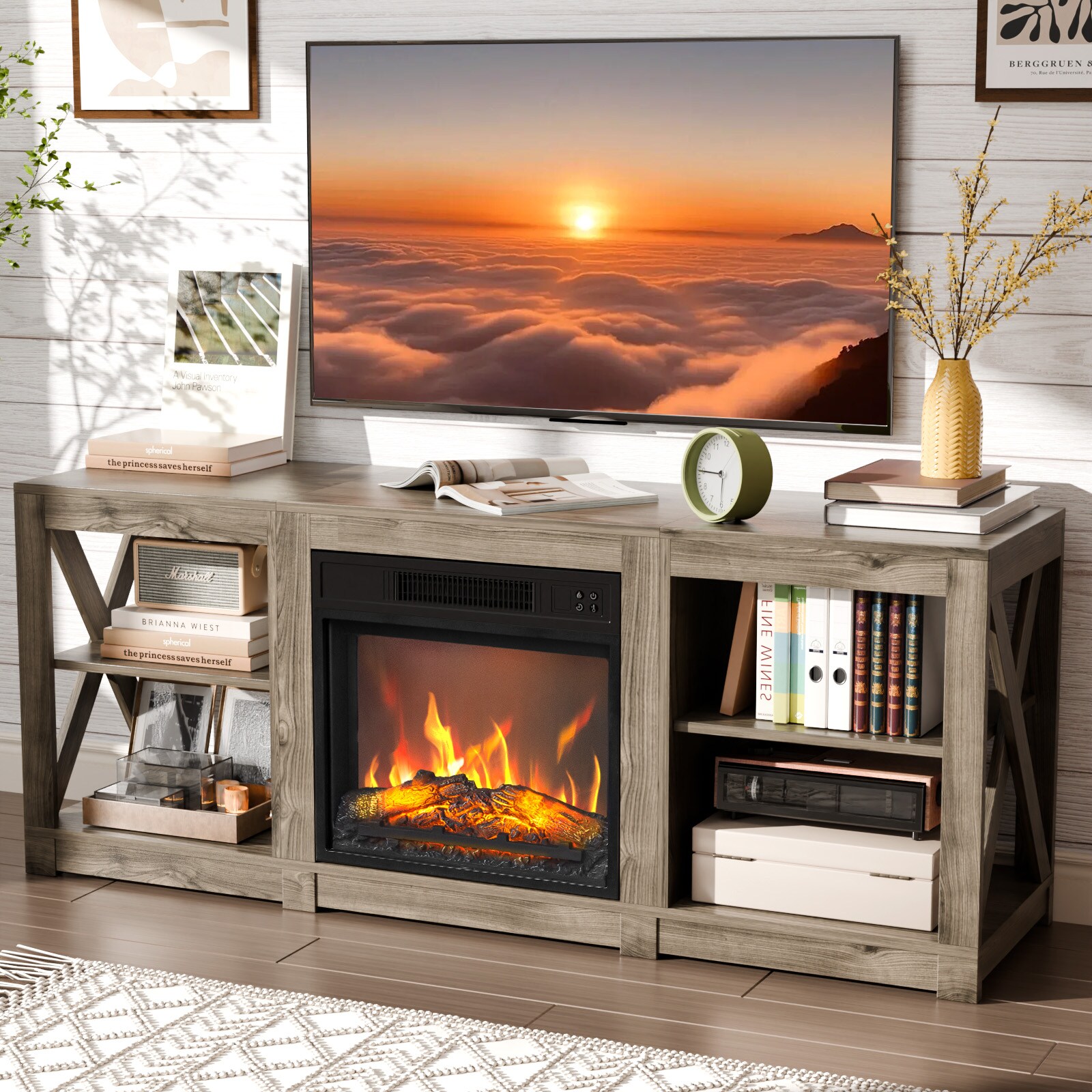 VINGLI 58-in Electric Fireplace TV Stand with Adjustable Shelves