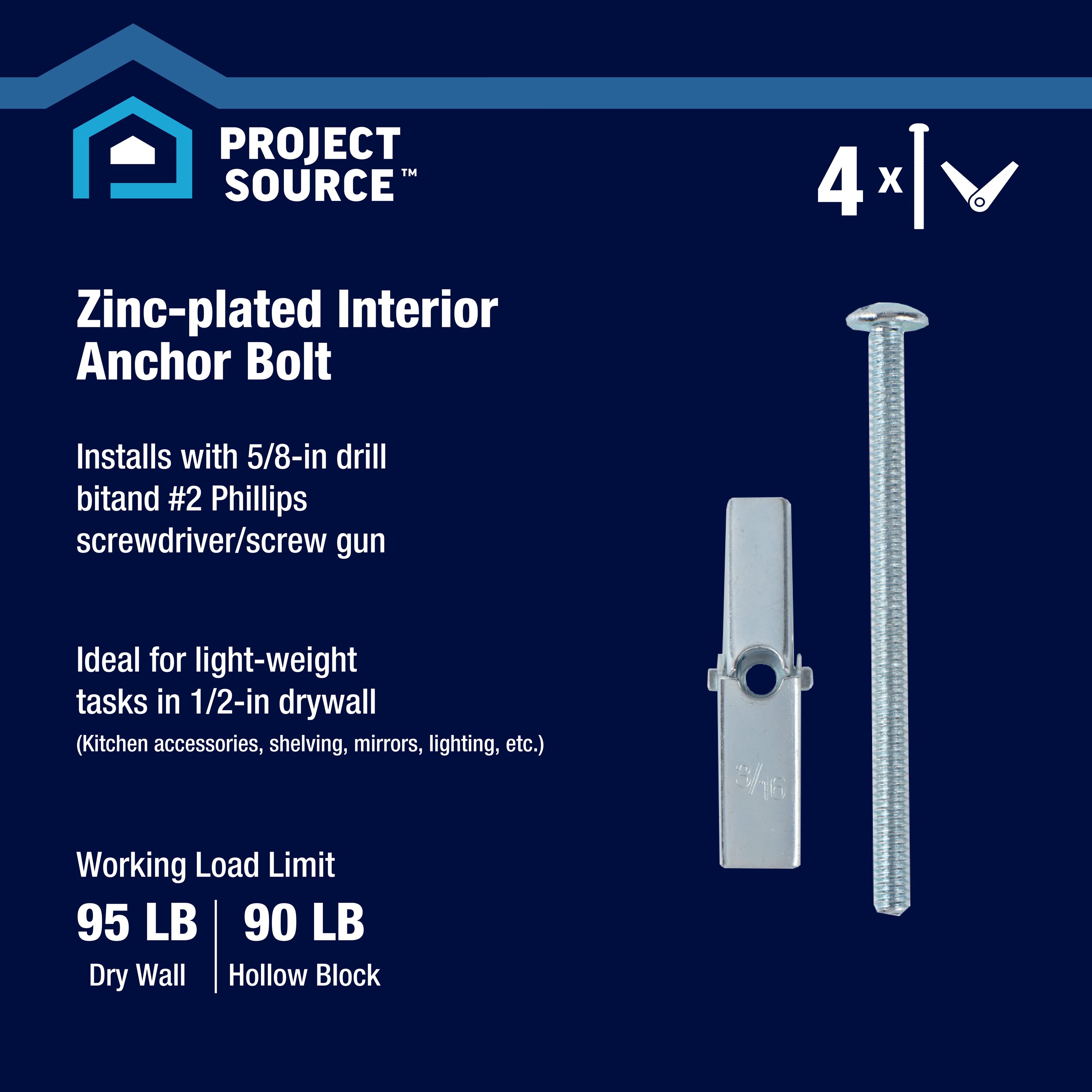 Project Source 3/16-in x 3-in Zinc-plated Interior Anchor Bolt (4
