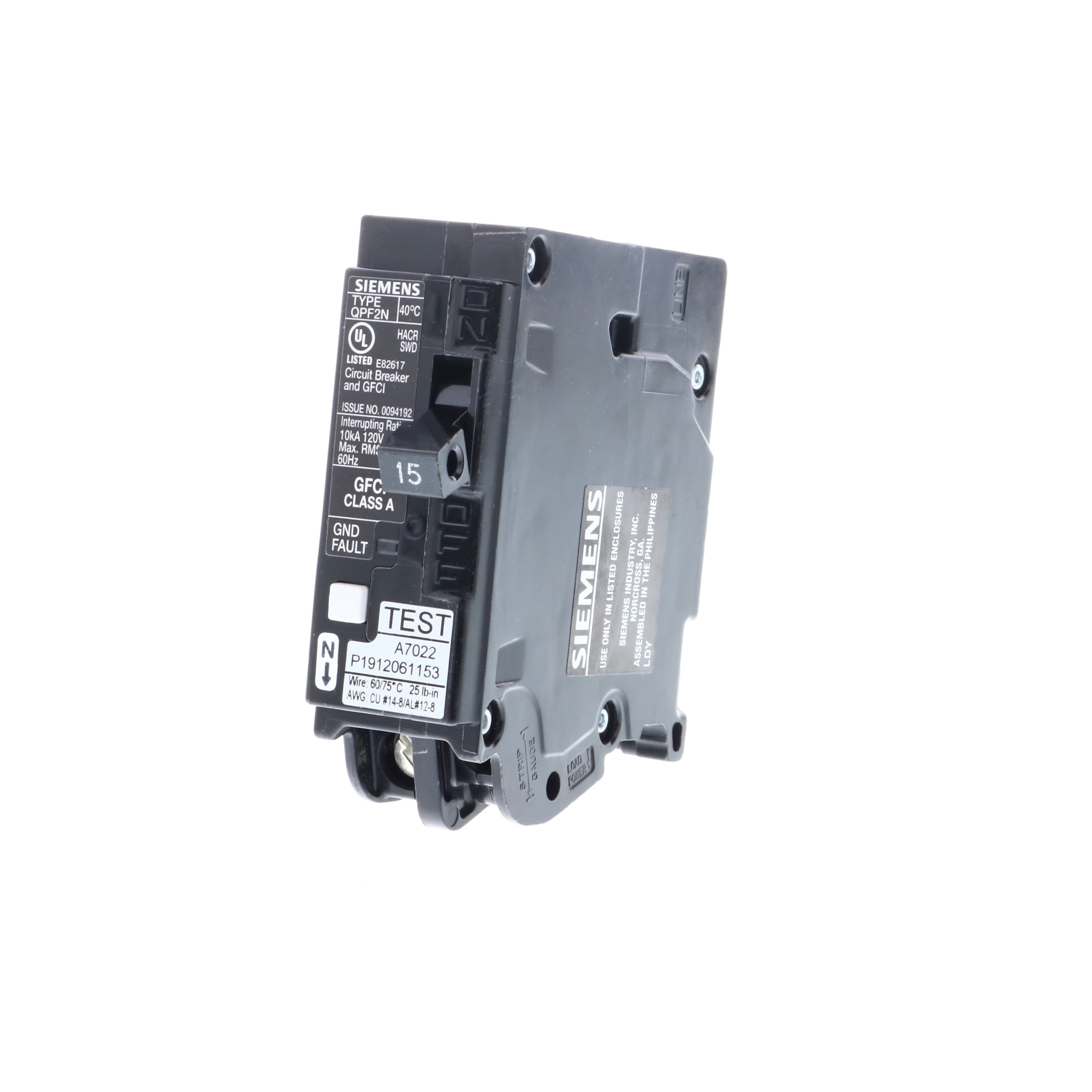 Siemens QPF 15-amp 1-Pole GFCI Plug-on Neutral Circuit Breaker
