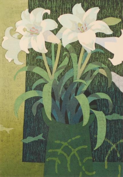 花の絵画を木版画で制作した本荘正彦の花の絵「週末の部屋」を通販で販売