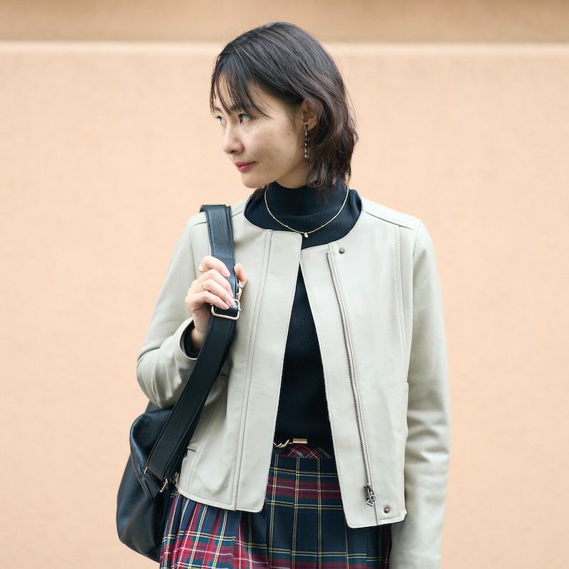 ラムレザー ノーカラージャケットブルゾン(グレーベージュ) | もりのが