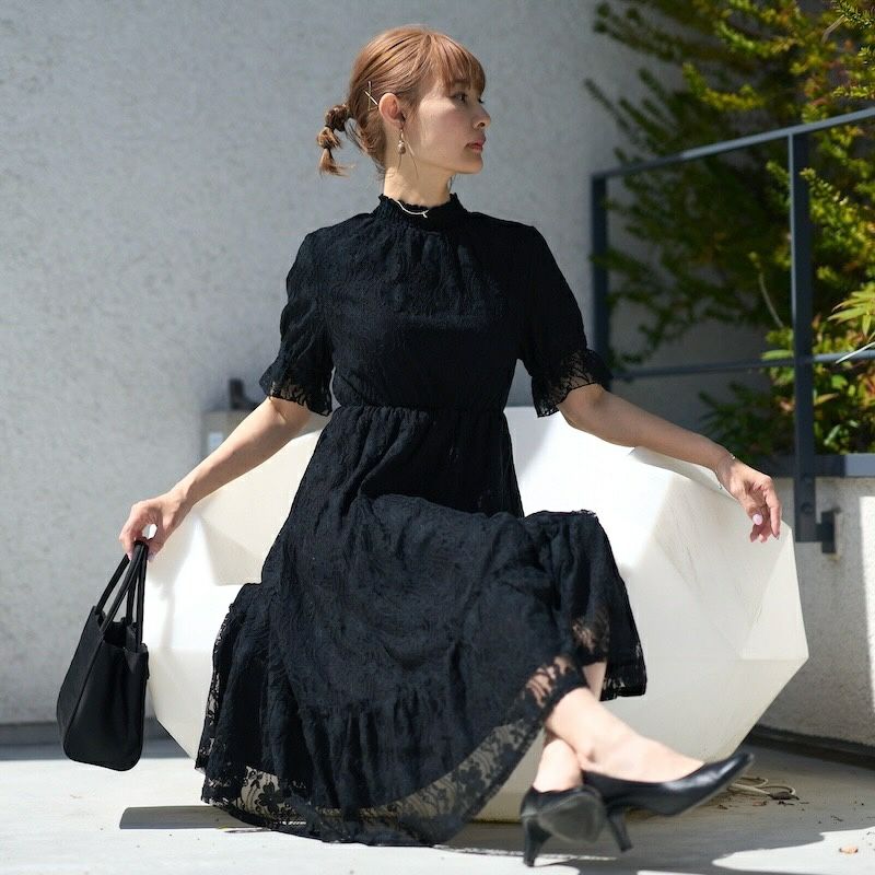 総レース半袖フォーマルワンピースドレス（ブラック） | もりのがっ