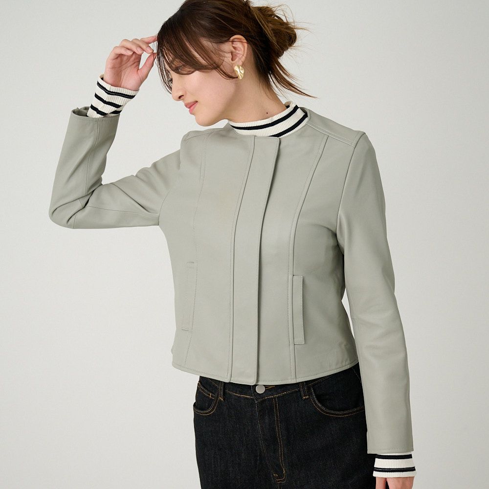 ラムレザー ノーカラージャケットブルゾン(グレー) | もりのがっこう公式