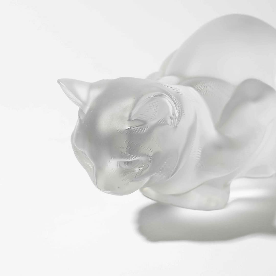 Vintage Lalique Frosted Crystal “Crouching Cat” Sculpture (French