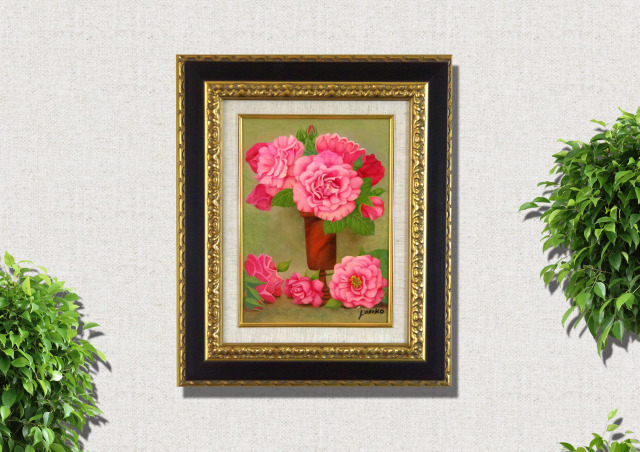 志村好子・バラの絵「薔笑」（ピンク）油彩・F4