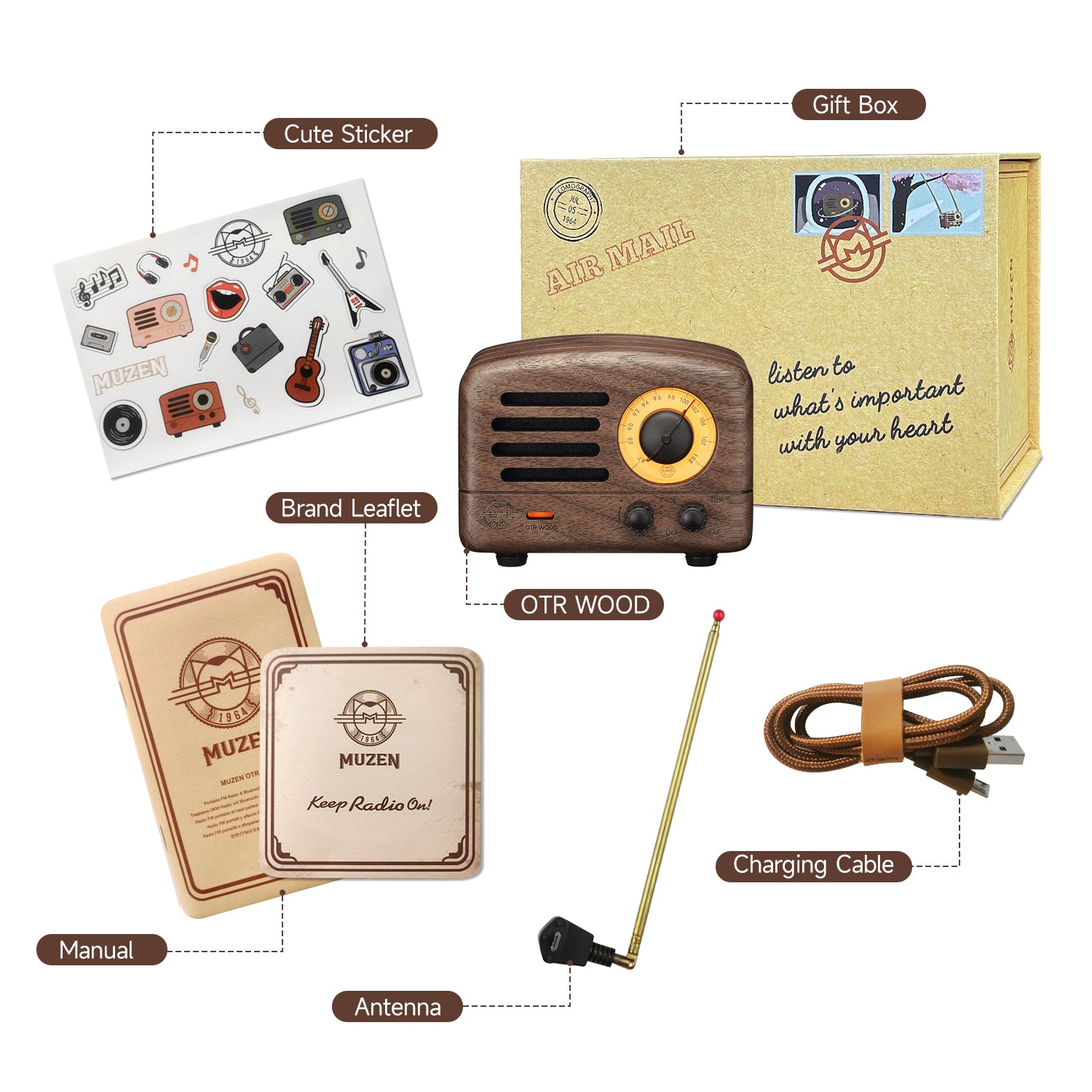 Vintage Looking OTR Wood Portable Radio Bluetooth Speaker | Muzen