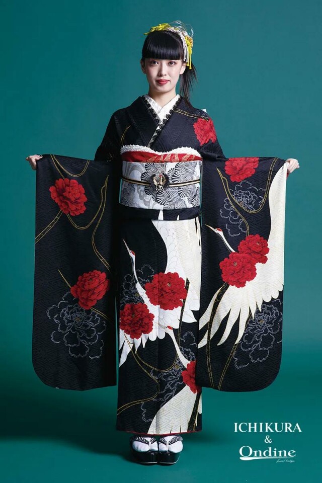 振袖専門店 一蔵の振袖 /黒色/白色/古典/鶴柄/ E-788 | My振袖