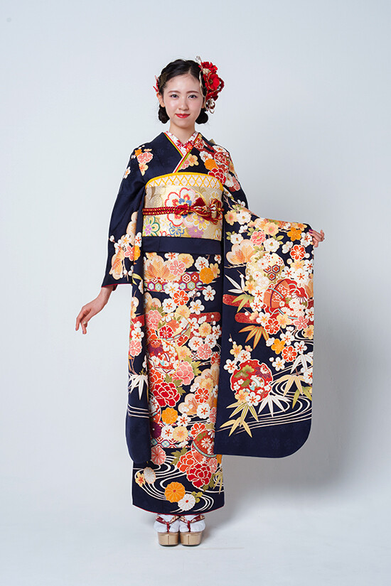京都きもの友禅の振袖 /紺色/古典/花柄/ No.1180 正絹 京友禅 | My振袖
