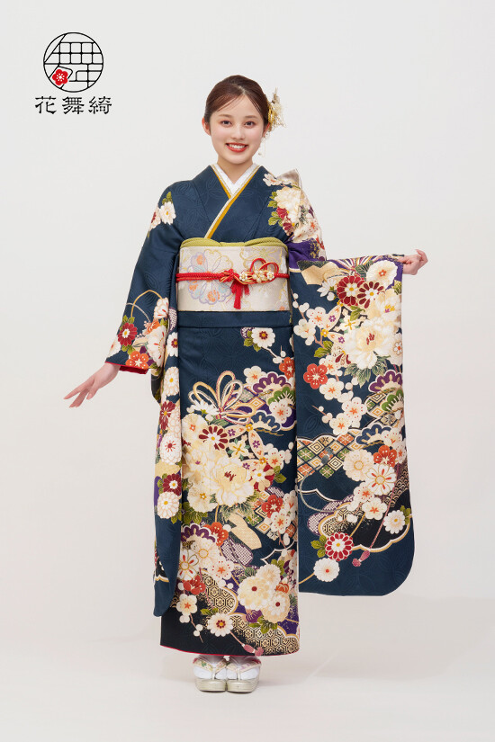 京都きもの友禅の振袖 /紺色/古典/牡丹柄/ No.2967 正絹 京友禅 | My振袖
