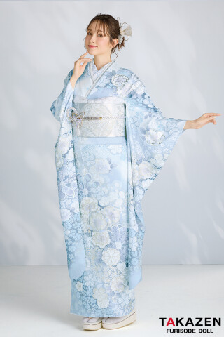 TAKAZENの振袖 /水色/古典/桜柄/ 最新作高級古典 水色 桜柄/鹿の子模様