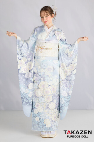 TAKAZENの振袖 /水色/古典/桜柄/ 最新作高級古典 水色 桜柄/鹿の子模様