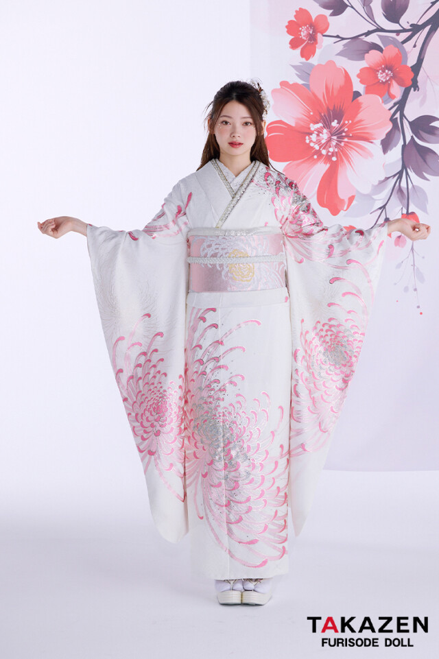 TAKAZENの振袖 /白色/ピンク色/エレガント/菊柄/ 最新作粋古典 白