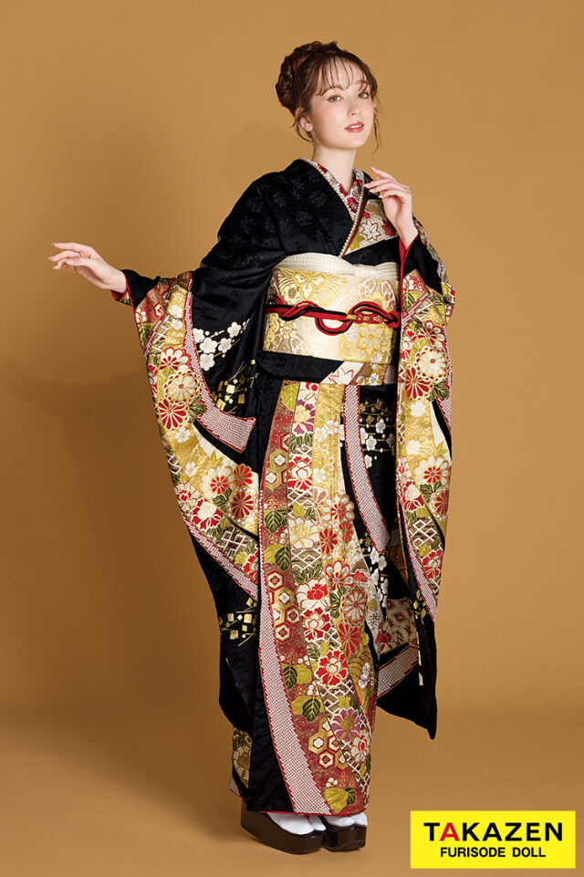 TAKAZENの振袖 /黒色/古典/熨斗柄/ プレミアム古典 滝泰/最高級金彩