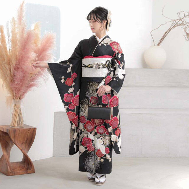 京都着物レンタル夢館の振袖 /黒色/赤色/古典/梅柄/ 黒 松梅に鶴 | My振袖