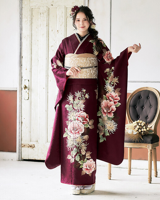 老舗きもの屋 宇都宮の振袖 /赤色/ピンク色/エレガント/バラ柄
