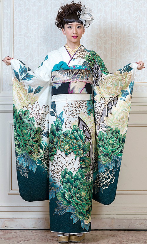 山善 呉服のいさじの振袖 /白色/古典/花柄/ 白・緑系古典柄振袖 | My振袖
