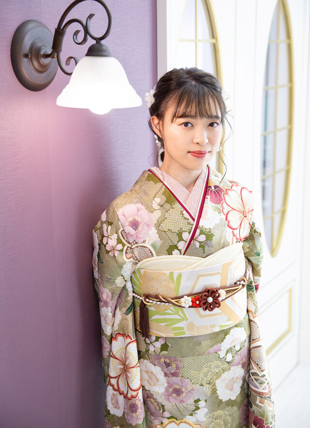 セゾンふりそで館の振袖 /緑色/ピンク色/古典/桜柄/ 03716 うぐいす