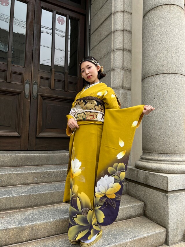 アンヘル・スウィート唐津店の振袖 /黄色/茶色/レトロ/桜柄/ 自社