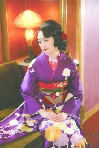 金澤大正ロマン着物レンタル はれまロマンの振袖 /紫色/黄色/古典/梅柄