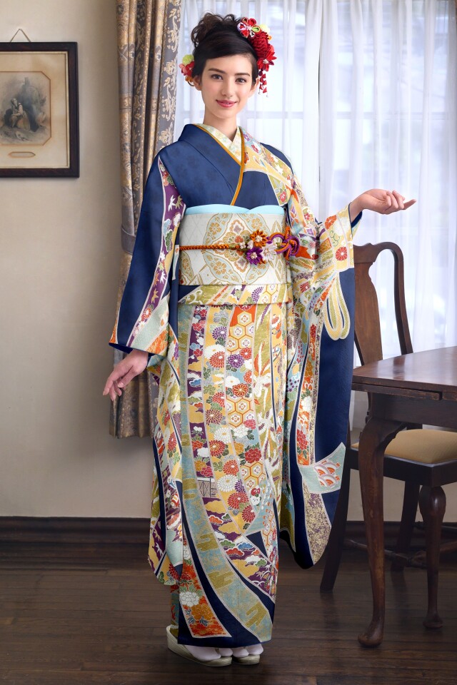 京都逸品館の振袖 /紺色/古典/熨斗柄/ 振袖手描き 束ね熨斗 | My振袖