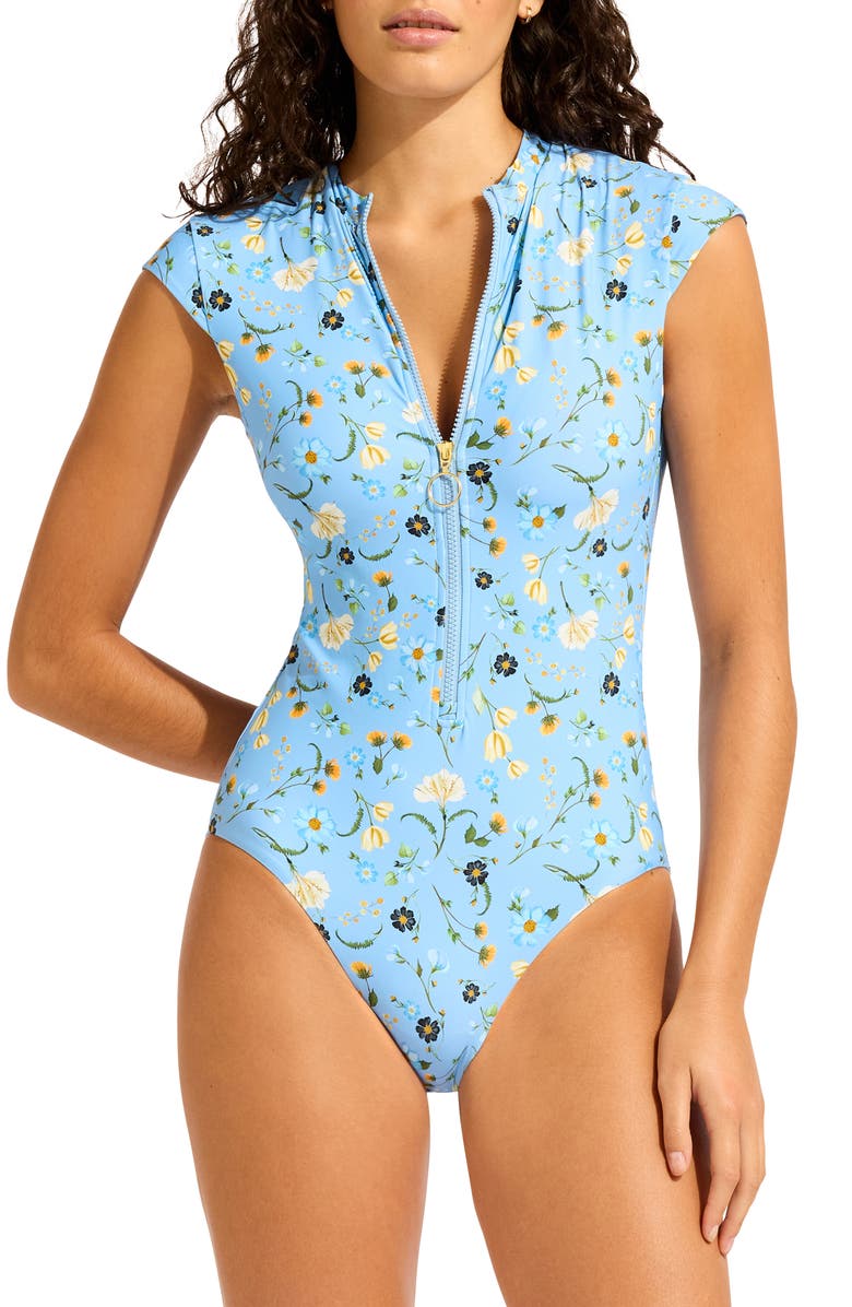 Seafolly Cap Sleeve Zip-Up One-Piece Swimsuit | Nordstrom