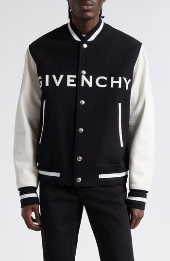 Givenchy Embroidered Logo Mixed Media Leather & Wool Blend Varsity