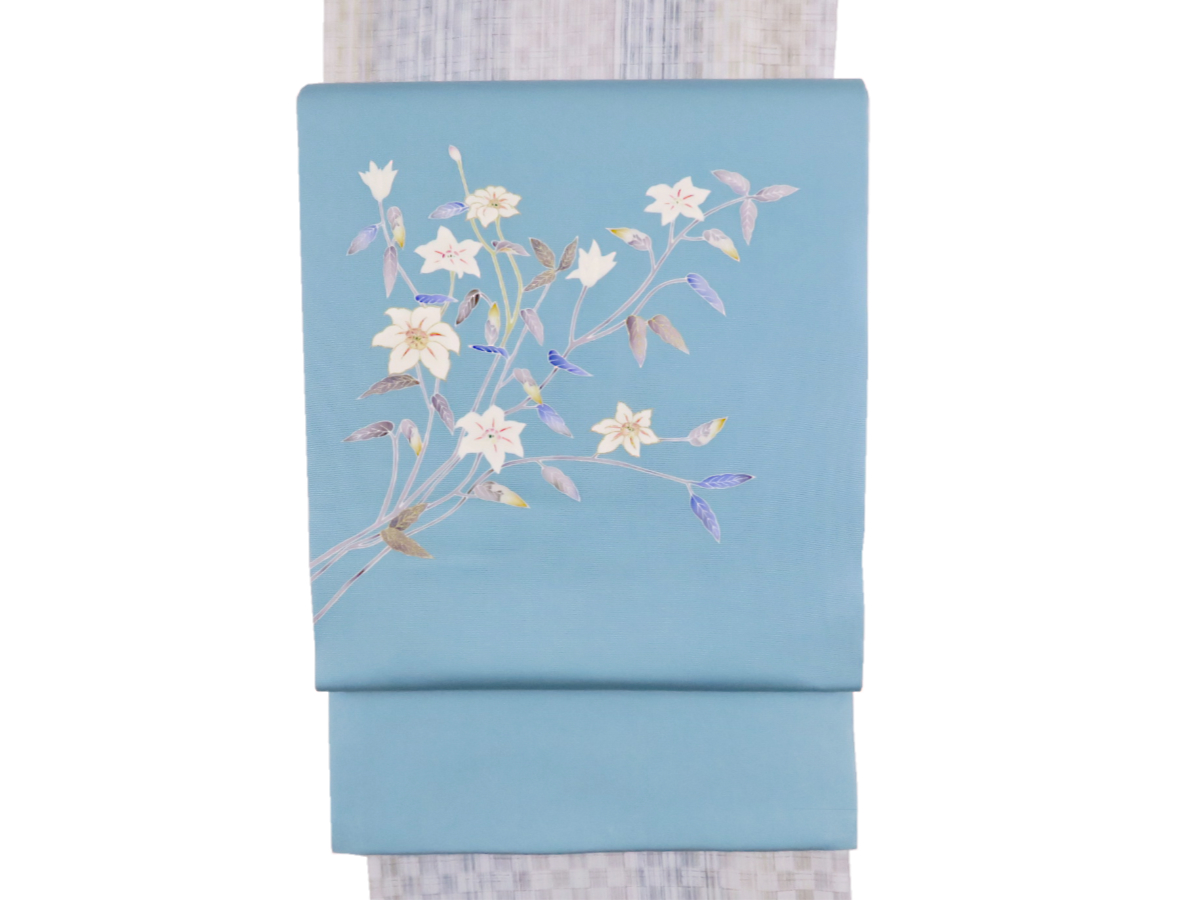 綺麗なブルーに白の花柄 塩瀬名古屋帯 | たまるや七草着物店